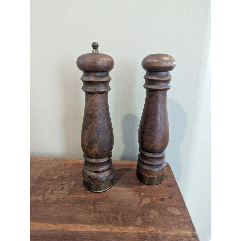 Vintage Wood Salt and Pepper Mill Set Brass Accents Made in Japan Mid Century